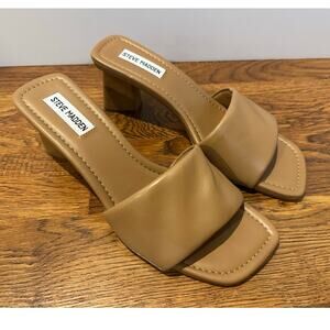 Steve Madden Saged Leather Block Heel Slides Tan Size 9 Square Toe Minimalist
